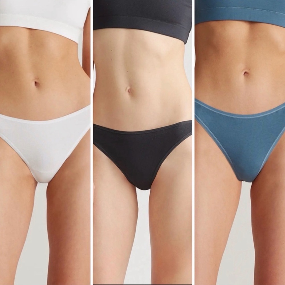 New Quince Organic Cotton HIGH CUT Thong 6 Pack Black, White & Ocean Blue S & XS